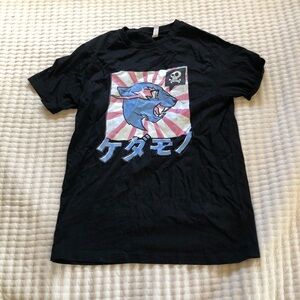 Black Graphic T-Shirt with Asian text rabbit creature mens medium cotton